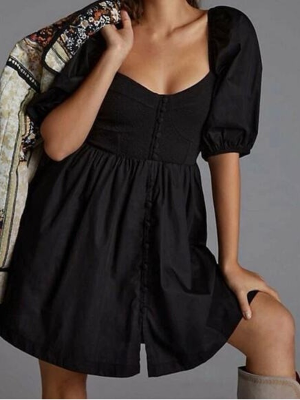 MAEVE Anthropologie Black Puff-Sleeve Button-Front Mini Dress